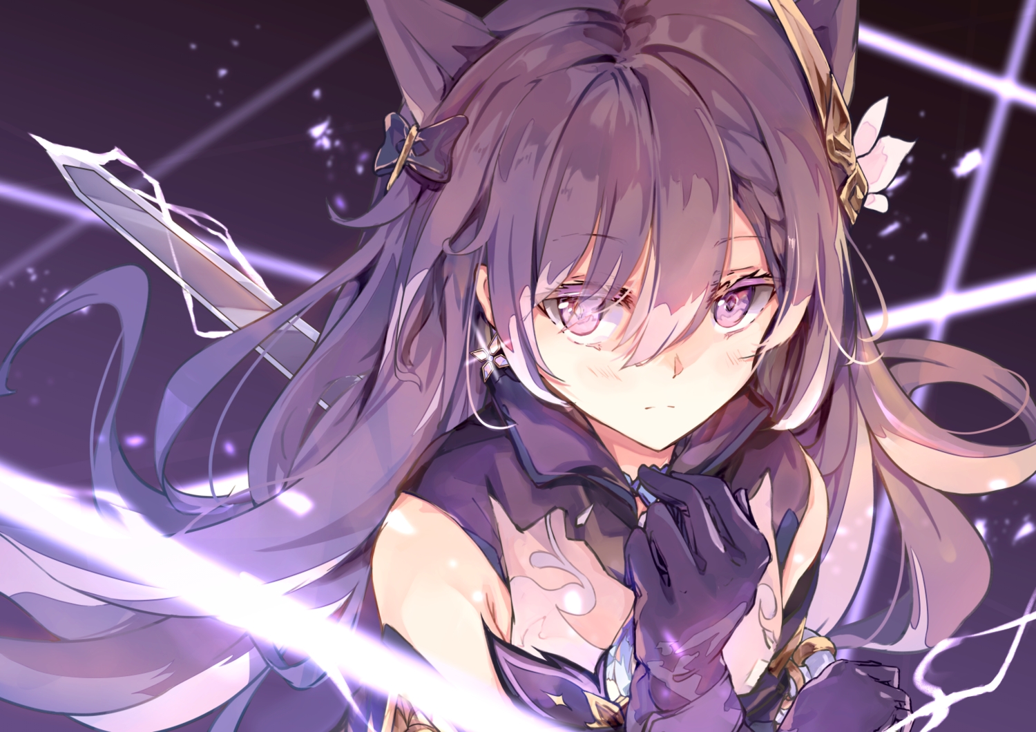 braids, close, genshin_impact, gloves, keqing_(genshin_impact), long_hair, purple_eyes, purple_hair, shinsoyori, twintails