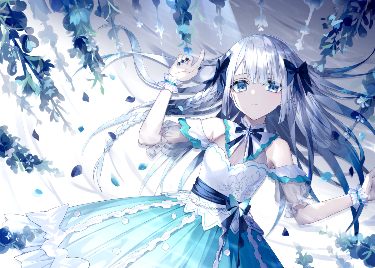 aliasing, bow, braids, dress, gray_hair, kazunehaka, long_hair, original