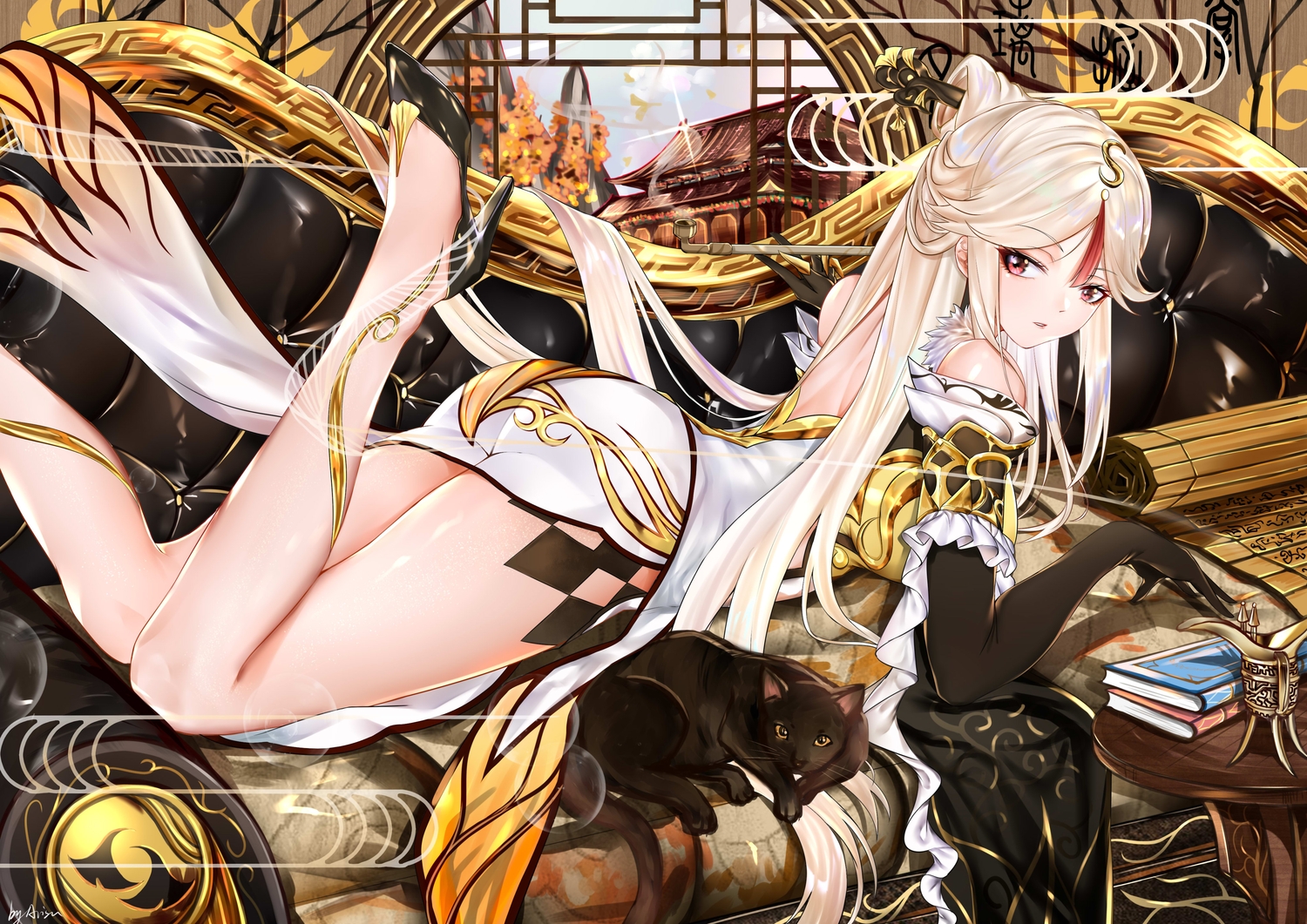 animal, arisu_(wangyunqiu), ass, cat, chinese_clothes, chinese_dress, dress, genshin_impact, long_hair, ningguang_(genshin_impact), signed