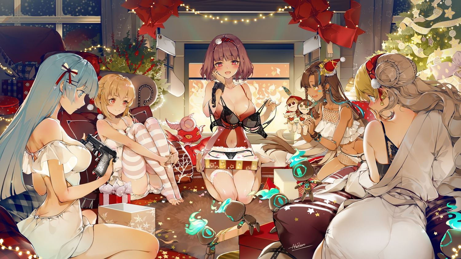 akizero1510, bra, christmas, dark_skin, dress, group, gun, long_hair
