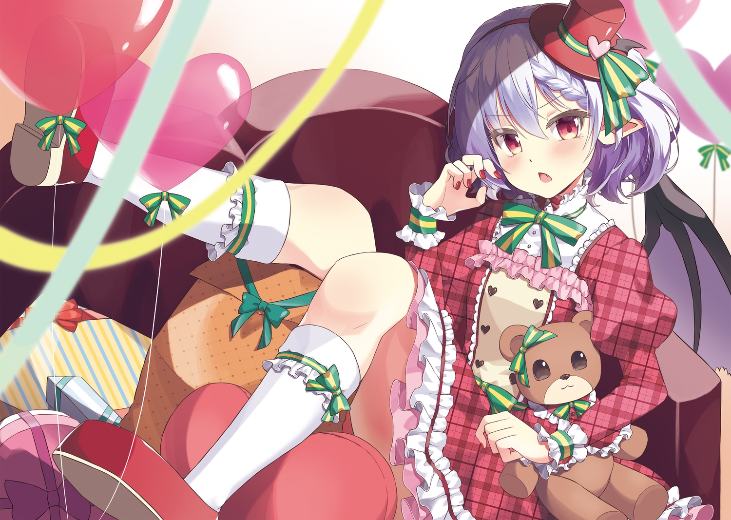beni_kurage, braids, dress, fang, gray_hair, lolita_fashion, pointed_ears, remilia_scarlet