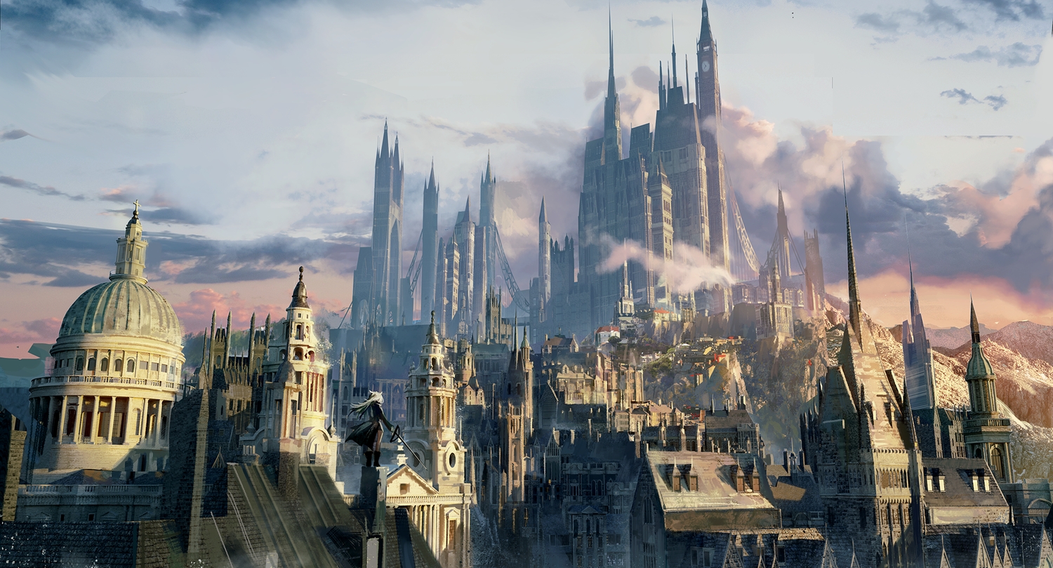 animal_ears, arknights, boots, building, city, gray_hair, landscape, lappland_(arknights), long_hair, ouko, scenic, sky, sword, weapon, wolfgirl