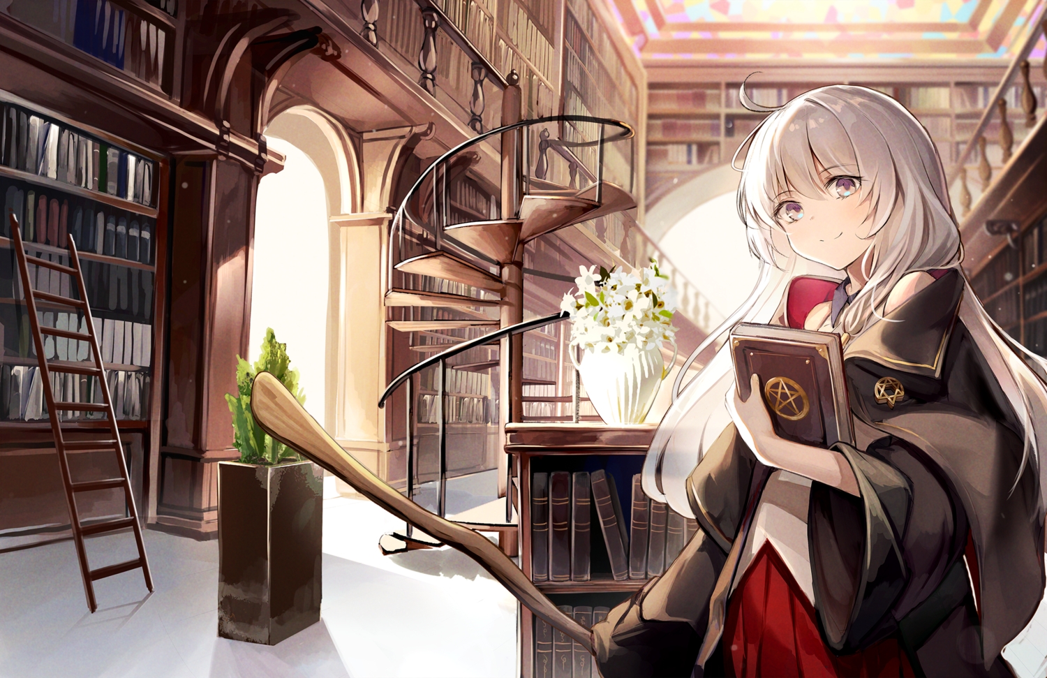 book, dampi, elaina_(majo_no_tabitabi), flowers, gray_eyes, gray_hair, long_hair, majo_no_tabitabi