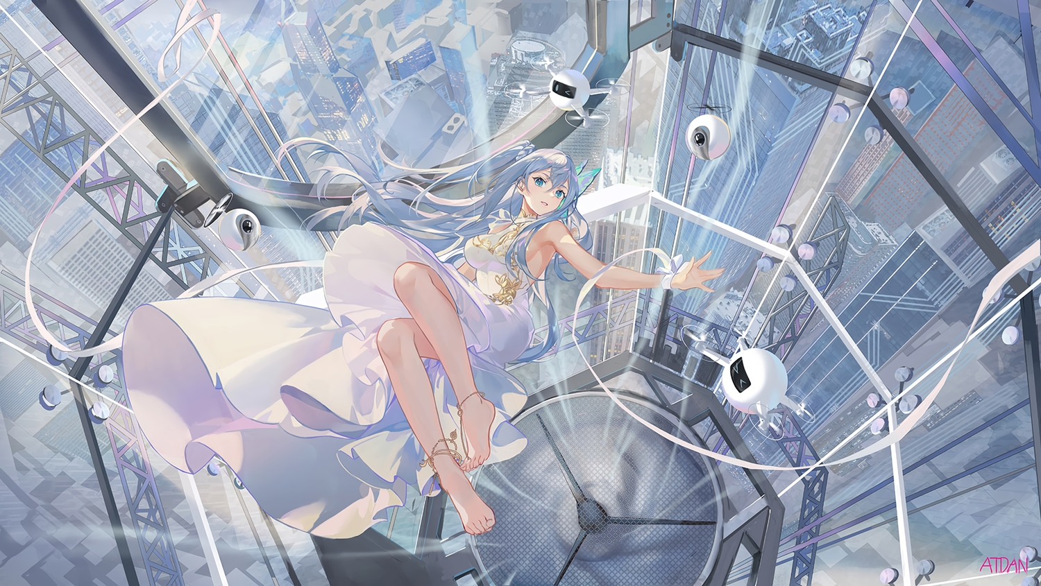 aqua_eyes, atdan, barefoot, blue_hair, building, cangqiong, city, dress