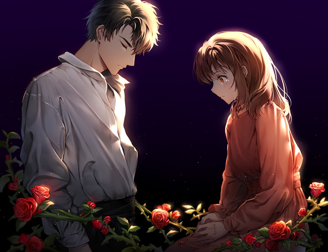 black_hair, brown_eyes, brown_hair, crying, flowers, iji_(u_mayday), li_zeyan, love_and_producer, male, protagonist_(love_and_producer), rose, shirt, short_hair, tears