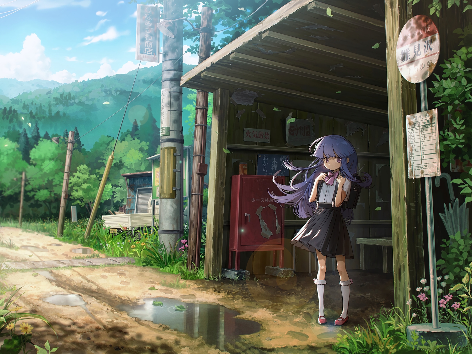 bow, clouds, flowers, furude_rika, grass, higurashi_no_naku_koro_ni, kneehighs, long_hair, nshi00, purple_eyes, purple_hair, scenic, skirt, sky, umbrella
