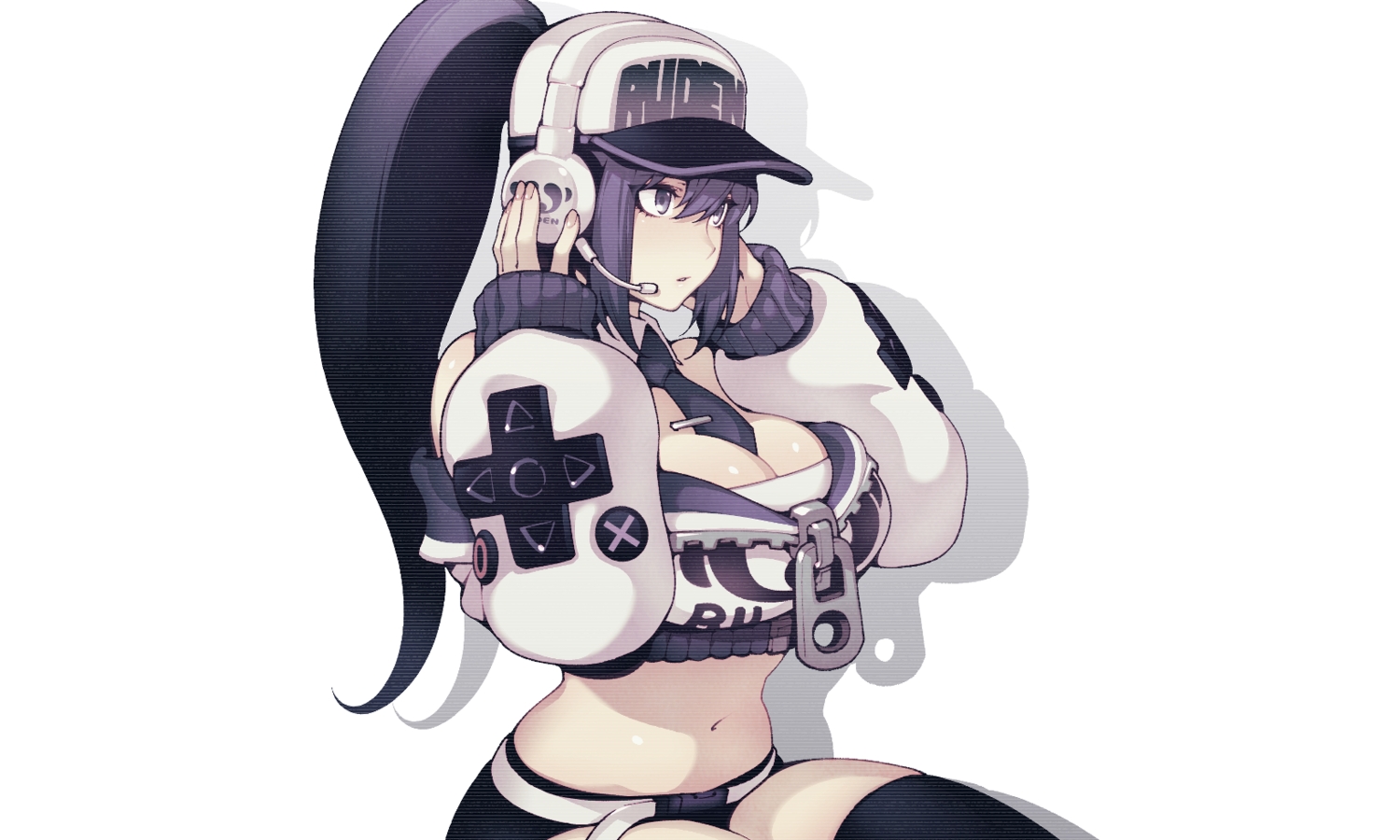 breasts, cleavage, fishine, hat, headphones, lanmei, long_hair, microphone, navel, original, polychromatic, ponytail, purple_eyes, purple_hair, shorts, thighhighs, third-party_edit, tie, white, zettai_ryouiki