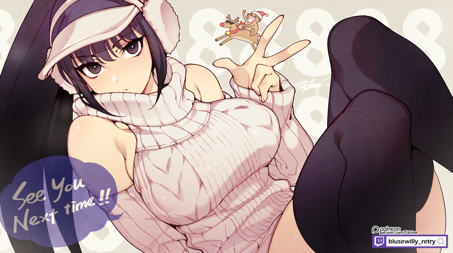 earmuffs, fishine, hat, long_hair, purple_eyes, purple_hair, signed, thighhighs