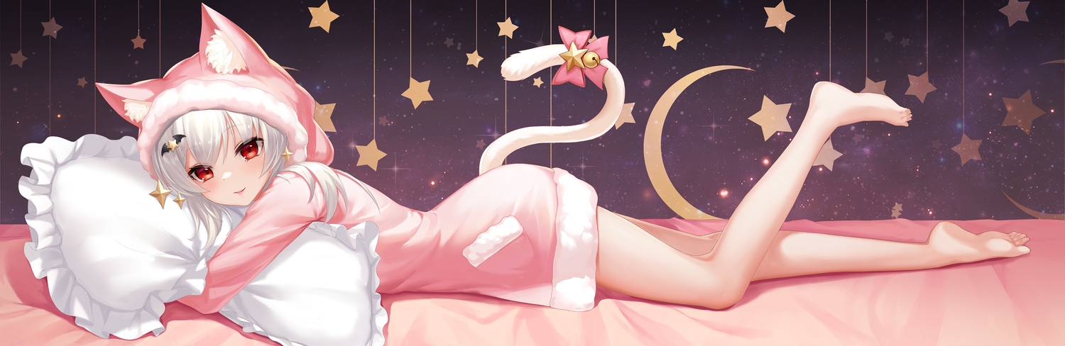 animal_ears, barefoot, bed, bell, bow, catgirl, hood, original