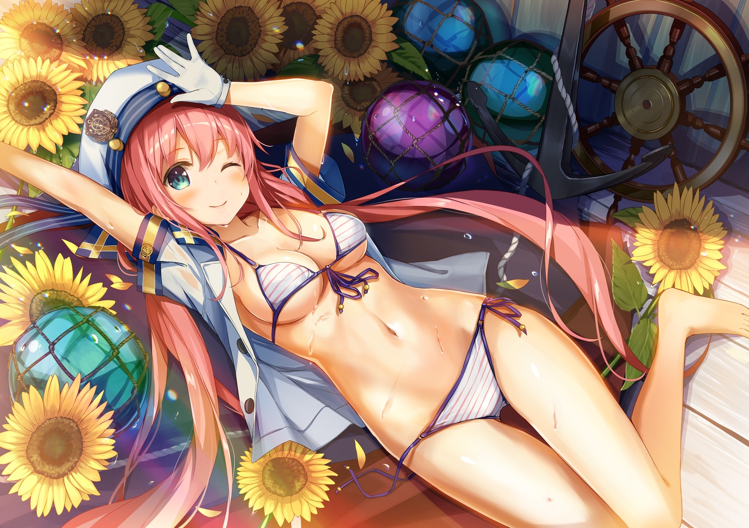 bikini, blush, breasts, cleavage, flowers, gloves, green_eyes, hat, long_hair, original, pink_hair, sunflower, swimsuit, underboob, wet, wink, yu-yuuki