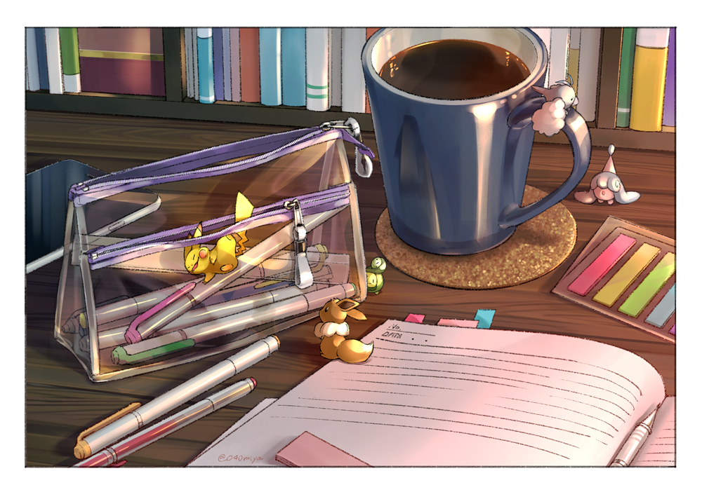book, budew, drink, eevee, hatenna, narumiya_(040miya), no_humans, pikachu