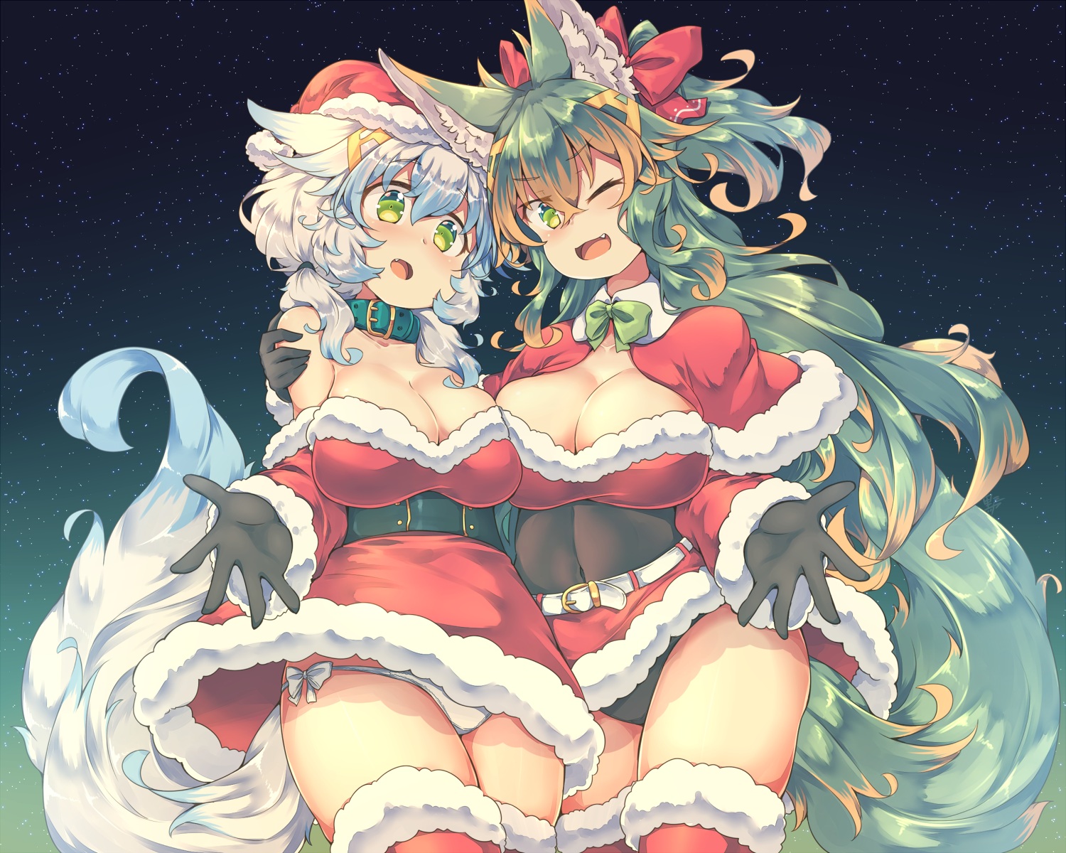 2girls, animal_ears, blue_hair, breasts, brown_hair, cape, christmas, cleavage
