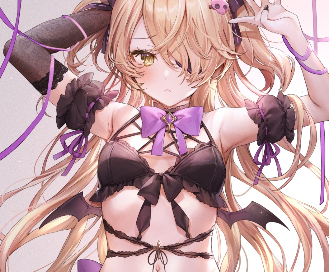 blonde_hair, blush, bow, close, cropped, eyepatch, fischl_(genshin_impact), genshin_impact, long_hair, navel, pillo, twintails, wings, yellow_eyes