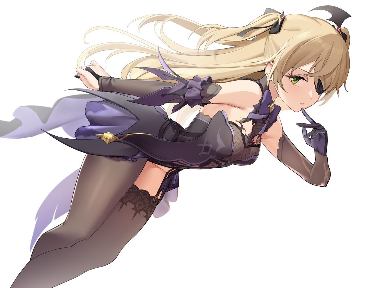 blonde_hair, bow, elbow_gloves, eyepatch, fischl_(genshin_impact), garter_belt, genshin_impact, gloves, green_eyes, hyury, leotard, long_hair, skirt, stockings, twintails, white, zettai_ryouiki