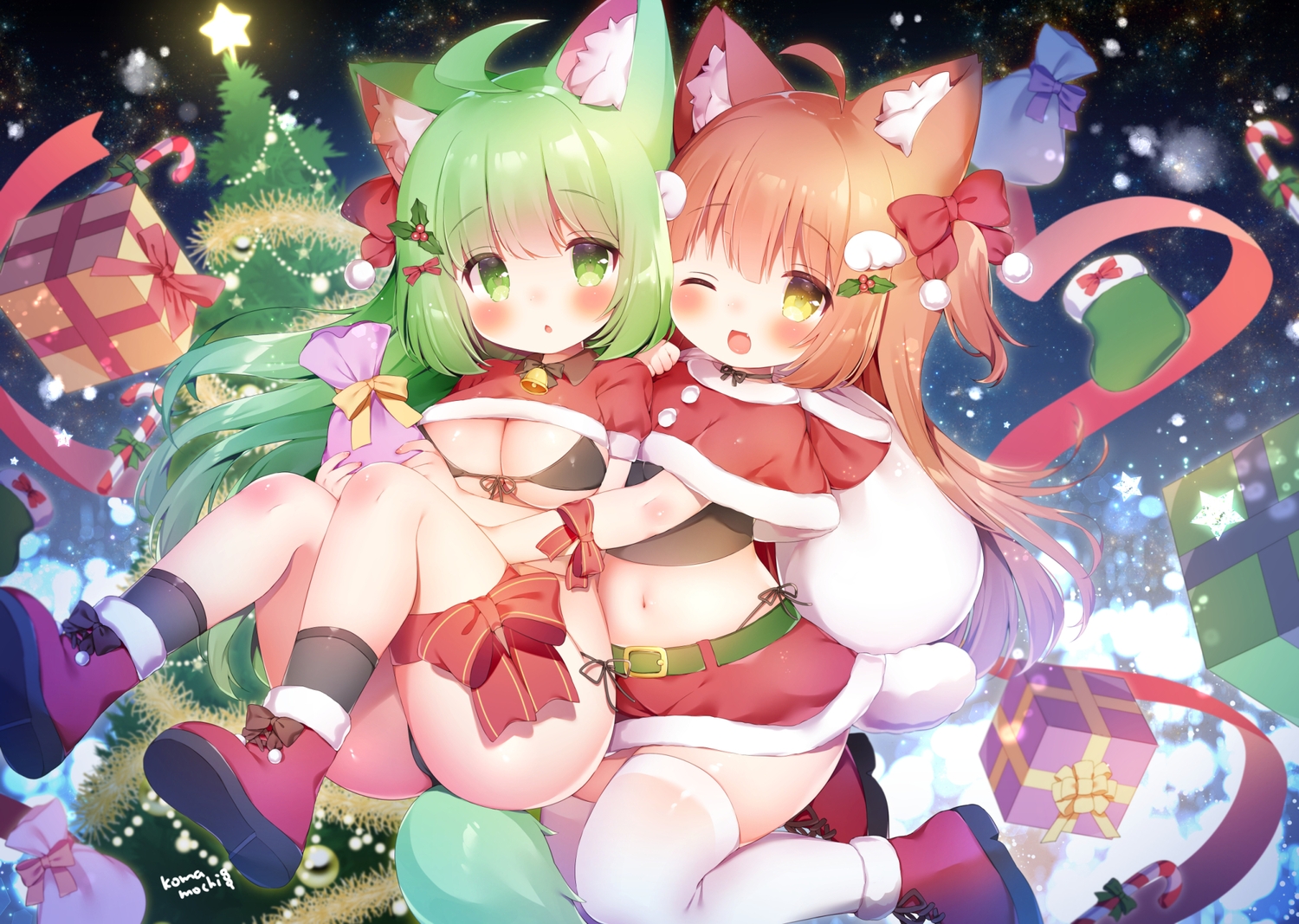 2girls, animal_ears, bell, breasts, brown_hair, candy, christmas, green_eyes