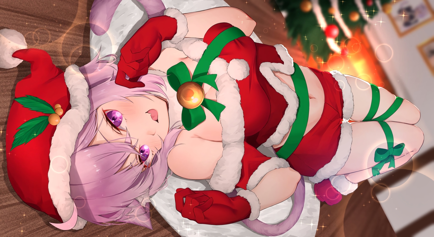 animal_ears, bell, boots, bow, catgirl, cat_smile, christmas, fang