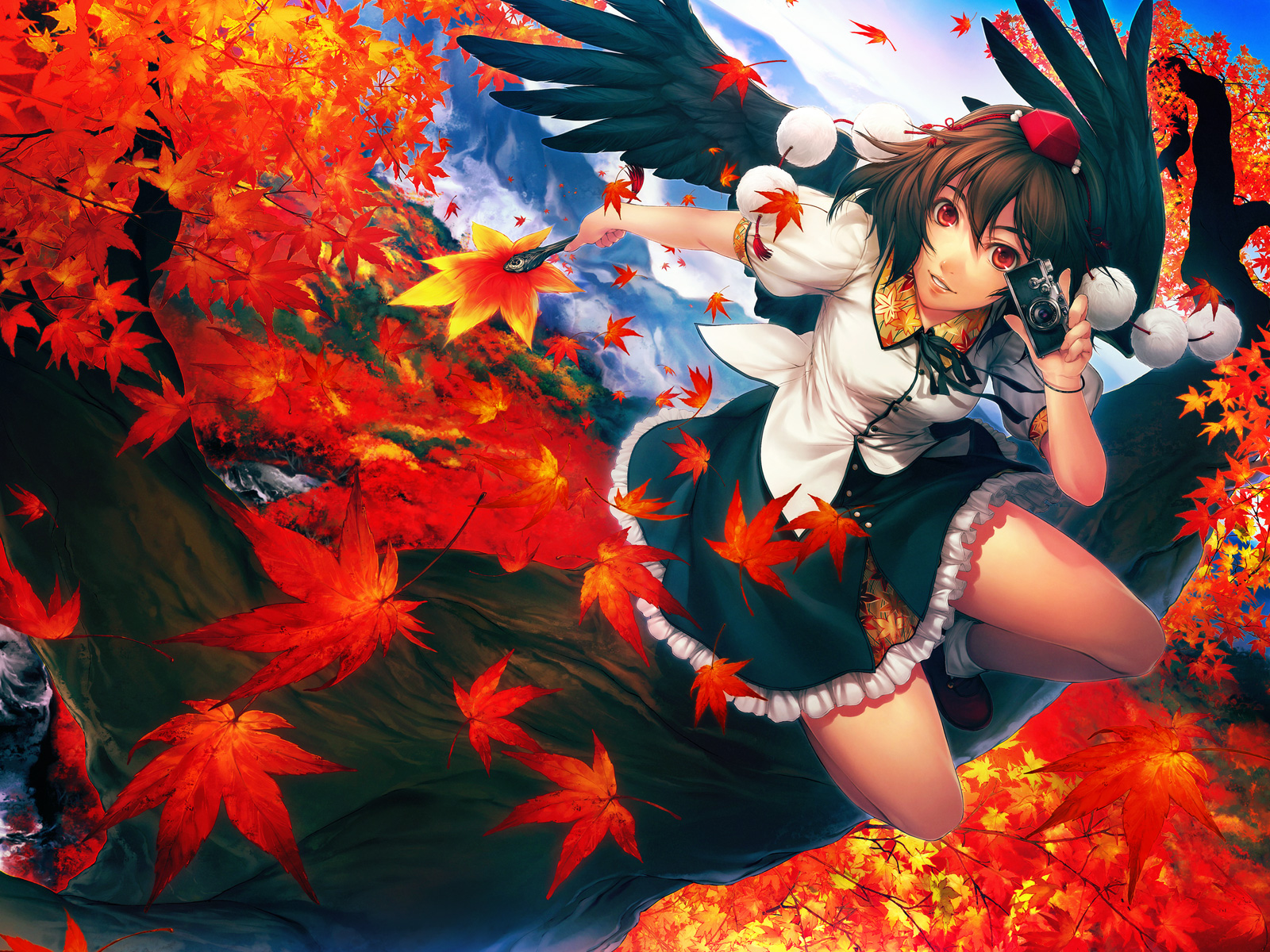 autumn, camera, shameimaru_aya, simosi, touhou, wings