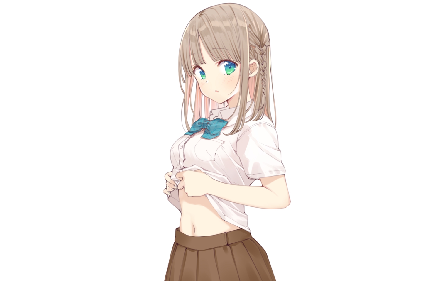blush, bow, braids, brown_hair, green_eyes, maigoyaki, navel, original
