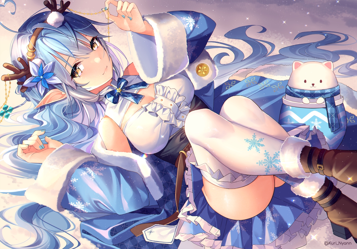 blue_hair, boots, bow, brown_eyes, hololive, horns, kuri_(animejpholic), long_hair, pointed_ears, skirt, thighhighs, watermark, yukihana_lamy