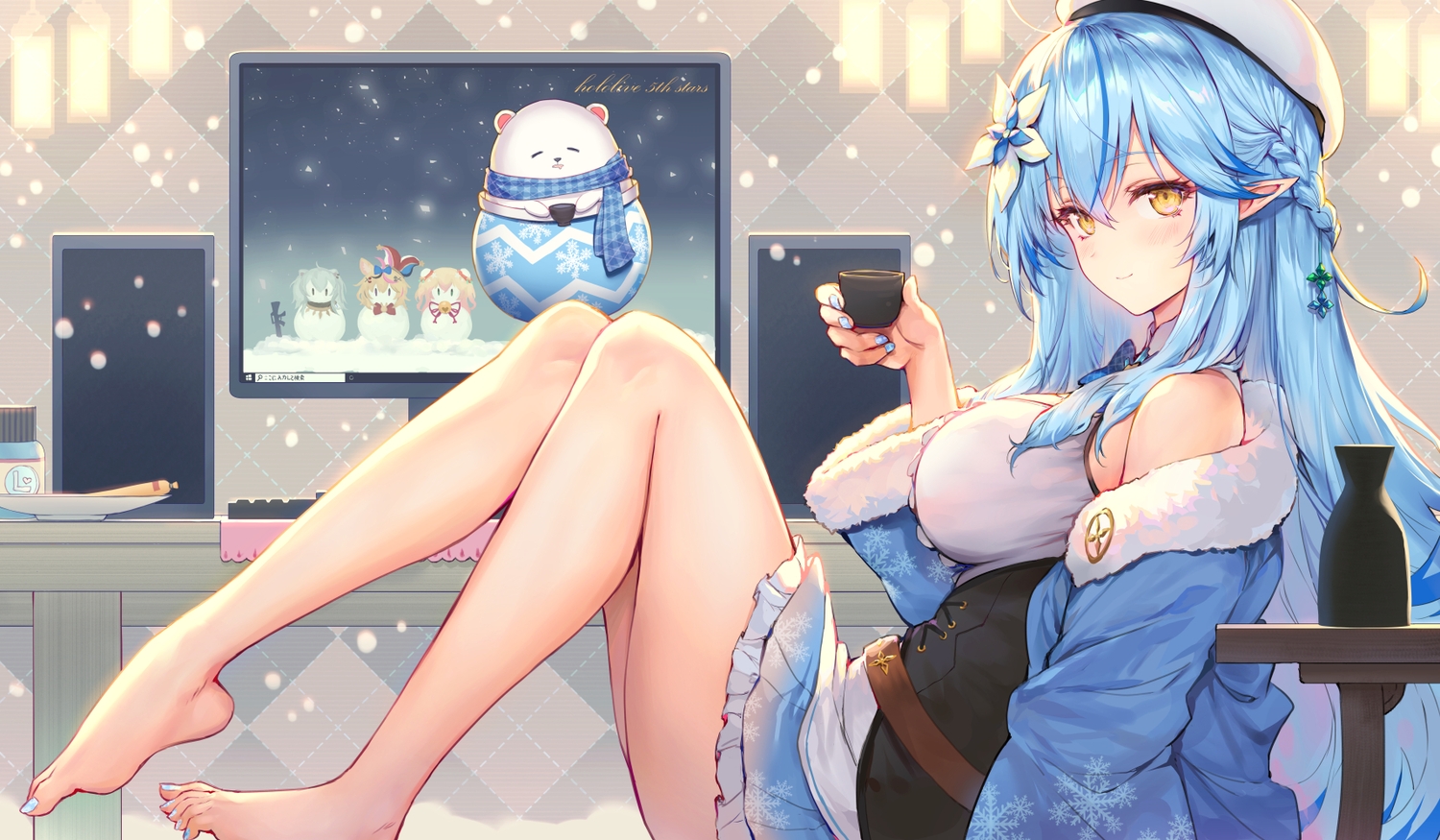 aliasing, aqua_hair, barefoot, braids, corset, drink, haoni, hat, hololive, long_hair, pointed_ears, yellow_eyes, yukihana_lamy