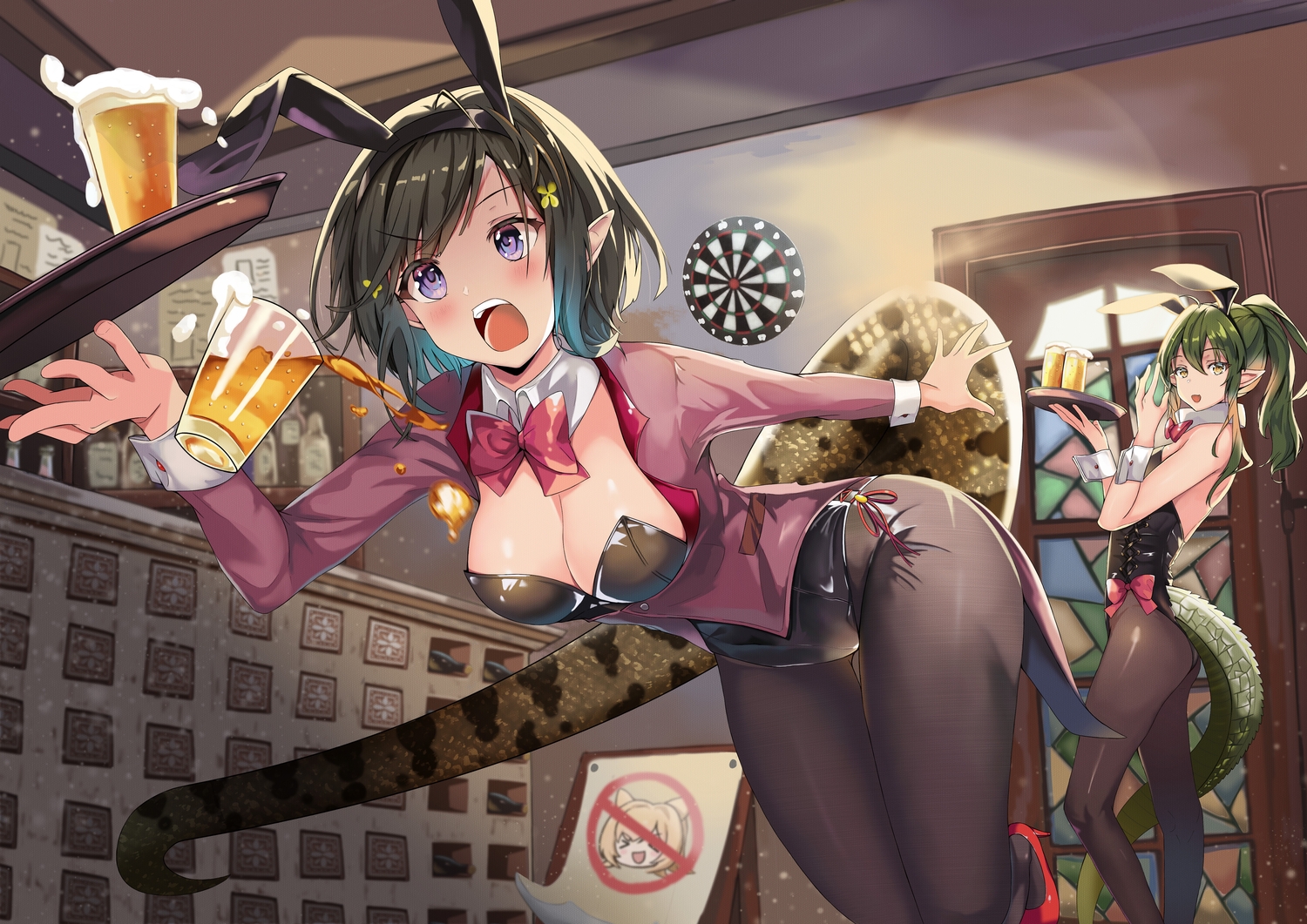 2girls, animal_ears, arknights, auguste, black_hair, bunny_ears, bunnygirl, drink, eunectes_(arknights), gavial_(arknights), leotard, long_hair, no_bra, pointed_ears, ponytail, purple_eyes, short_hair, tail
