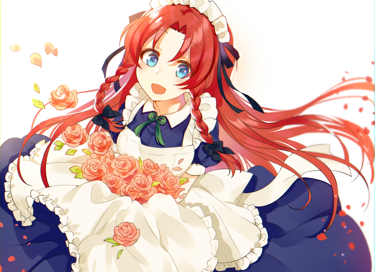 apron, aqua_eyes, blush, bow, braids, cropped, flowers, headdress, hong_meiling, kanta_(pixiv9296614), long_hair, maid, petals, red_eyes, ribbons, rose, touhou, white