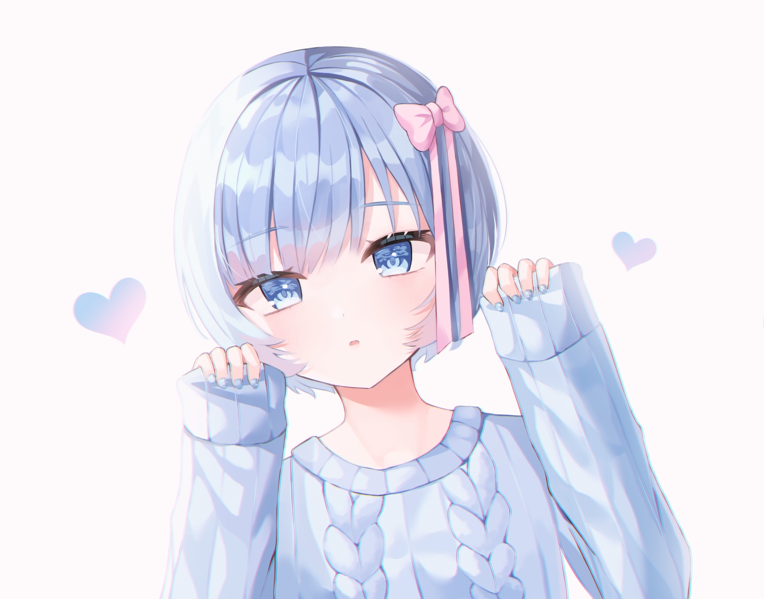 blue_eyes, blue_hair, blush, bow, close, heart, nannung, polychromatic, rem_(re:zero), re:zero_kara_hajimeru_isekai_seikatsu, ribbons, short_hair, white