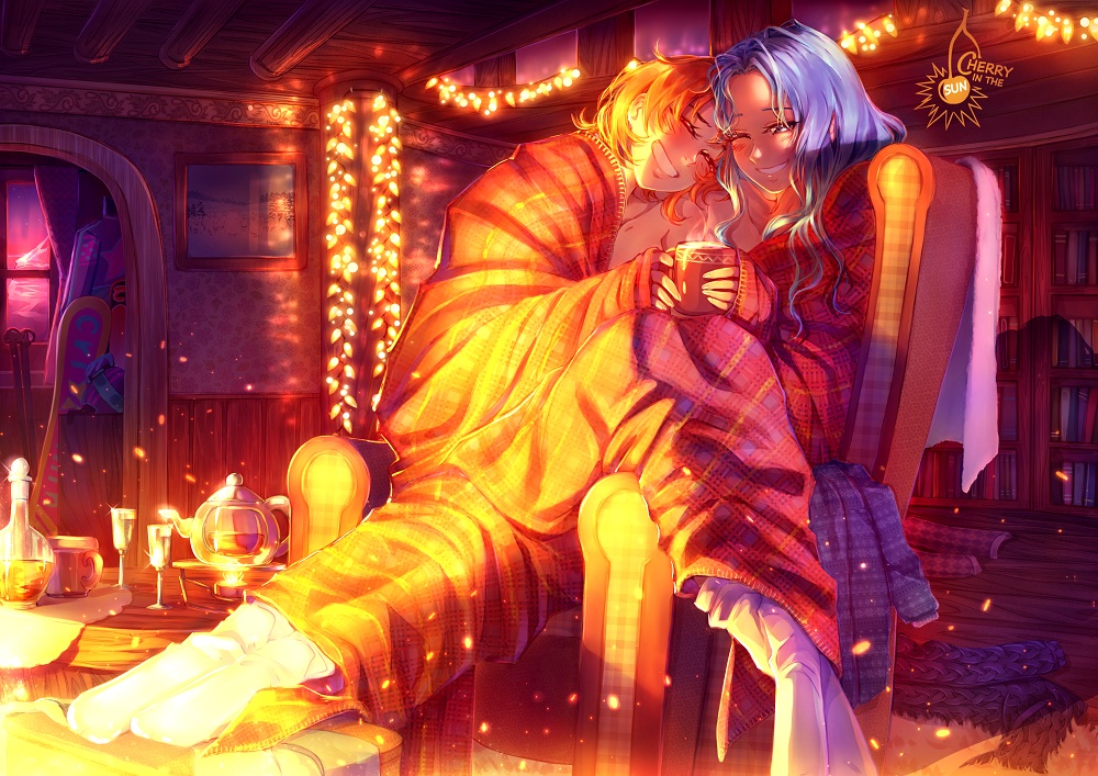 2girls, aliasing, blue_hair, blush, book, cherryinthesun, drink, long_hair, nami, nefertari_vivi, one_piece, orange_hair, short_hair, shoujo_ai, socks, watermark