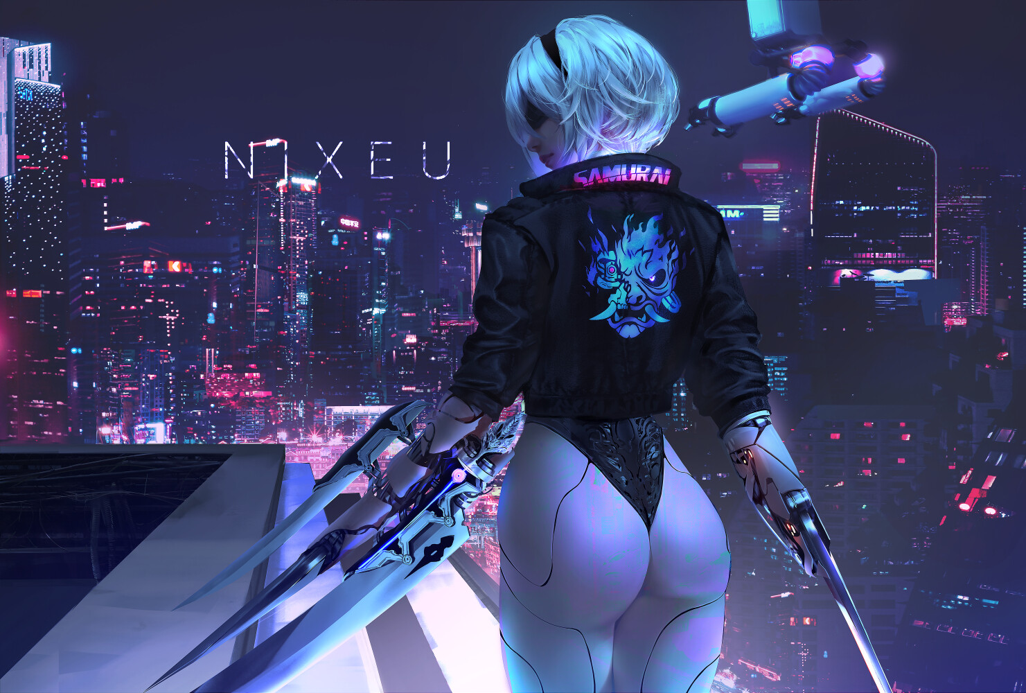 aliasing, ass, blindfold, building, city, cyberpunk_2077, headband, leotard, nier, nier:_automata, night, nixeu, pod_(nier:_automata), robot, scenic, short_hair, sword, techgirl, watermark, weapon, white_hair, yorha_unit_no._2_type_b