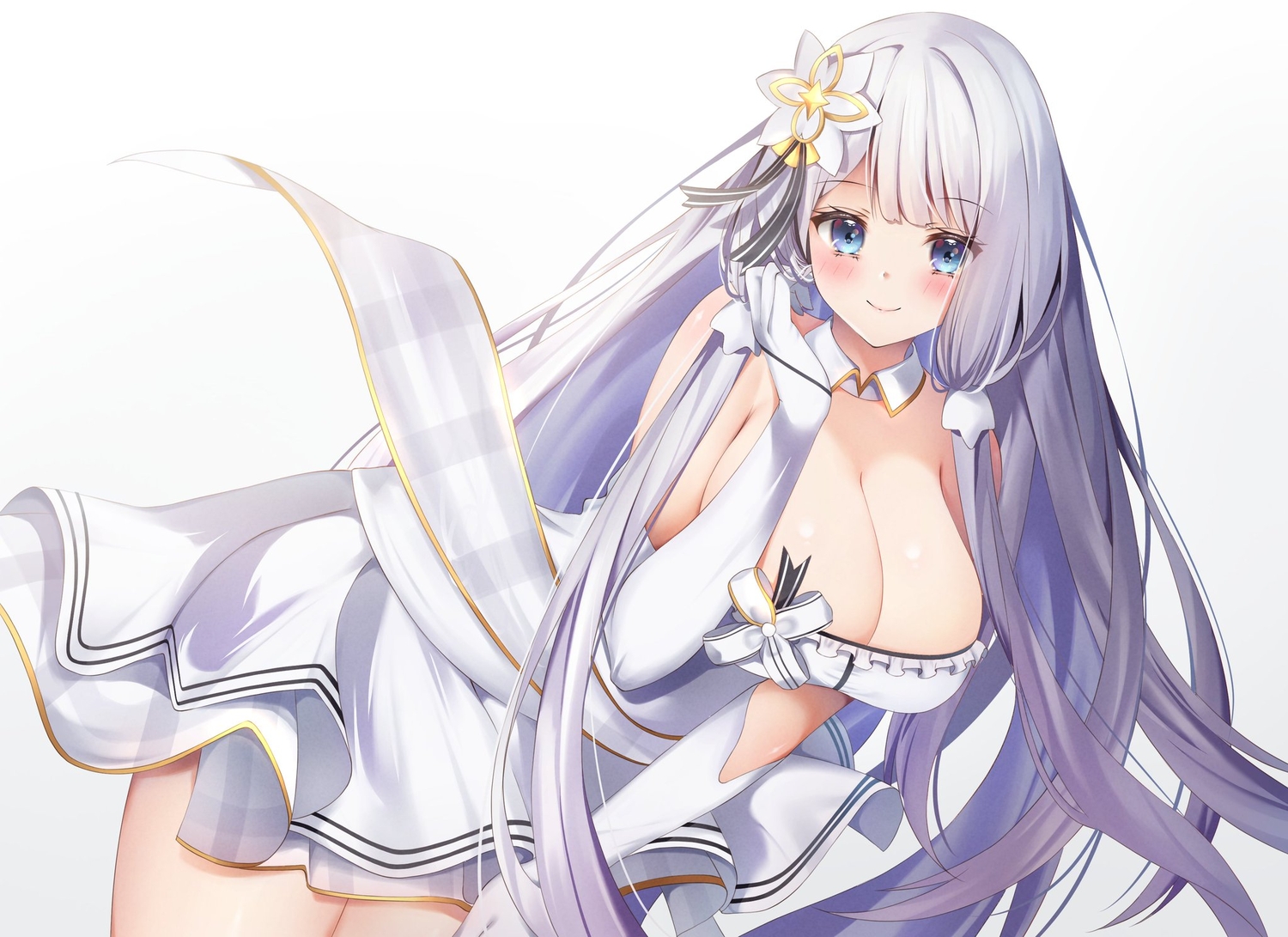 anthropomorphism, azur_lane, blue_eyes, blush, breasts, cleavage, dress, elbow_gloves, gloves, gradient, gray_hair, illustrious_(azur_lane), long_hair, nagi_aoi, twintails, white