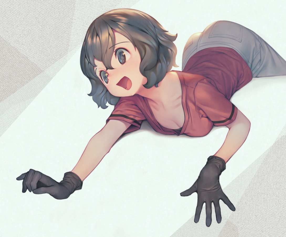 ass, black_eyes, black_hair, breasts, cleavage, cropped, gloves, kaban