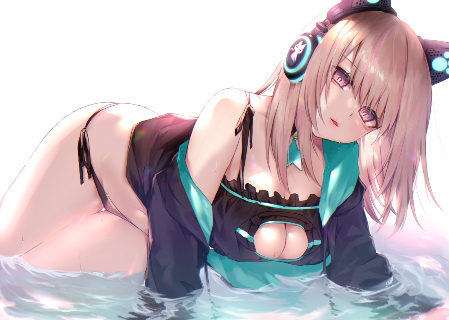 animal_ears, blush, bra, breasts, brown_hair, choker, cleavage, headphones