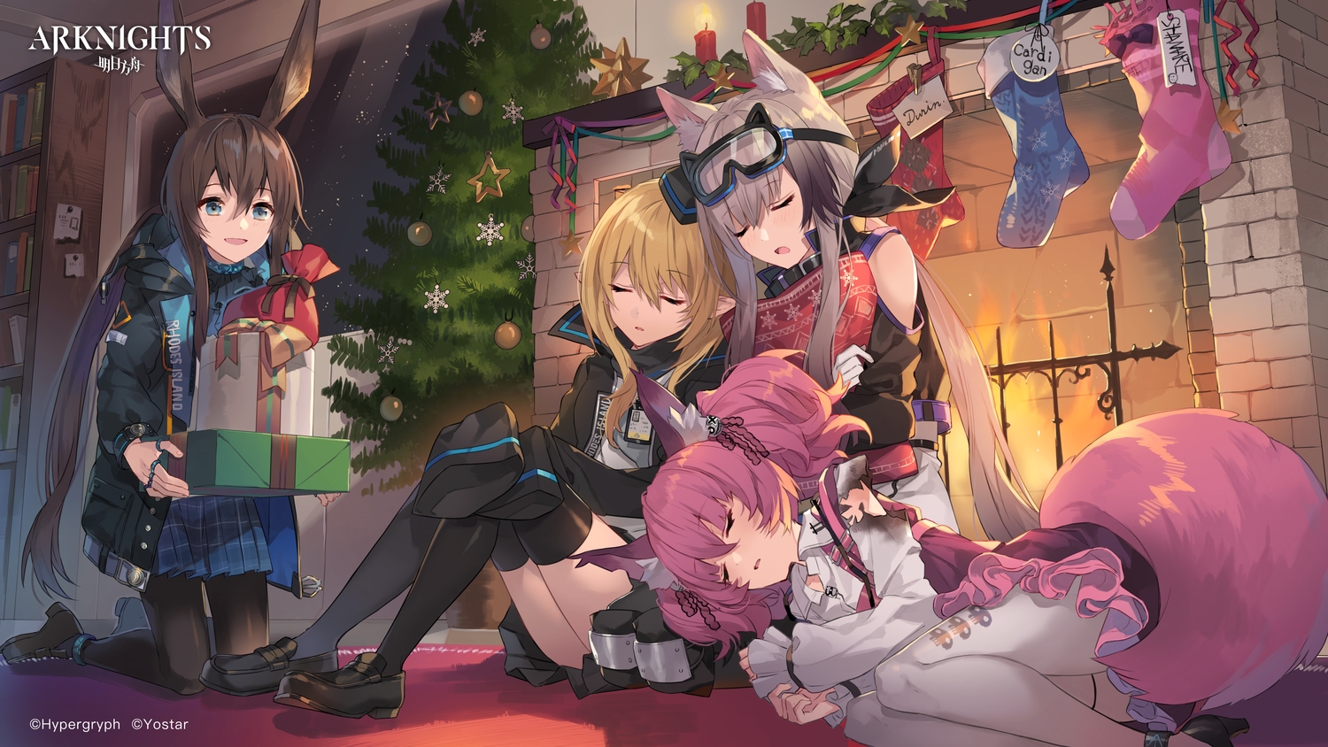 amiya_(arknights), animal_ears, arknights, blonde_hair, blue_eyes, brown_hair, bunny_ears, bunnygirl, cardigan_(arknights), christmas, doggirl, durin_(arknights), eihi, fire, foxgirl, gloves, goggles, gray_hair, group, hat, logo, long_hair, pantyhose, pink_eyes, pink_hair, pointed_ears, ponytail, shamare_(arknights), sleeping, snow, tail, thighhighs, twintails