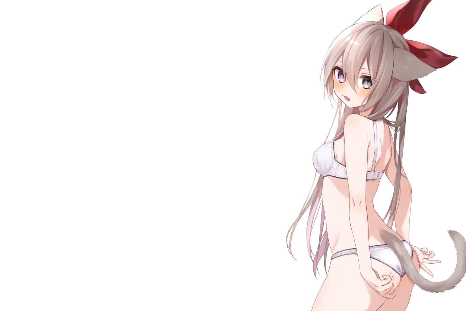 animal_ears, ass, bicolored_eyes, blush, bra, brown_hair, catgirl, fang