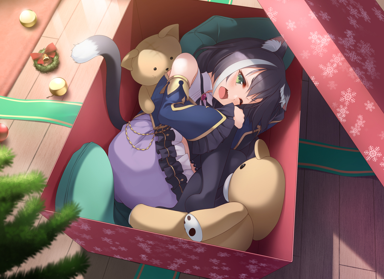 animal_ears, black_hair, catgirl, christmas, fang, green_eyes, karyl, long_hair, mofu_namako, princess_connect!, tail, teddy_bear, wink