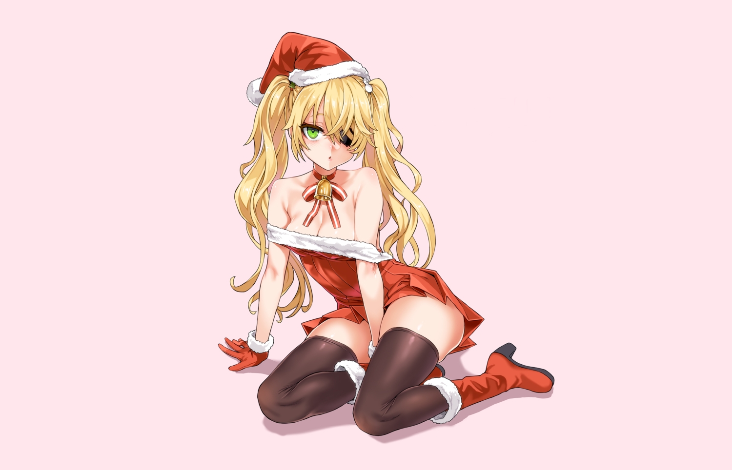 asanagi, bell, blonde_hair, blush, boots, choker, christmas, dress