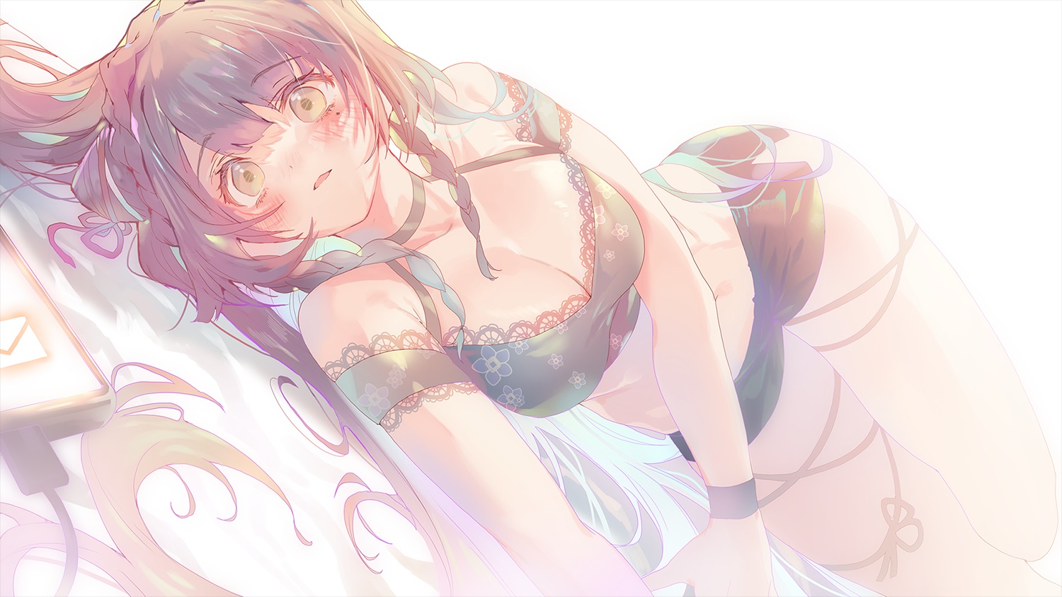 blush, breasts, brown_hair, cleavage, long_hair, original, phone, polychromatic