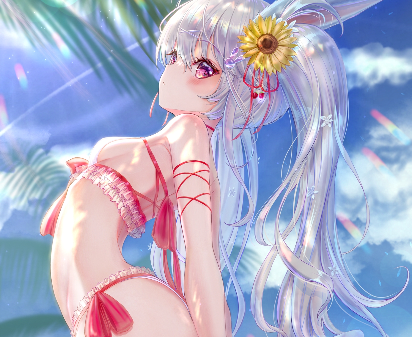 animal_ears, bikini, bow, breasts, bunny_ears, bunnygirl, close, clouds, cropped, hou_no_ka, long_hair, original, purple_eyes, ribbons, sideboob, sky, swimsuit, twintails, white_hair
