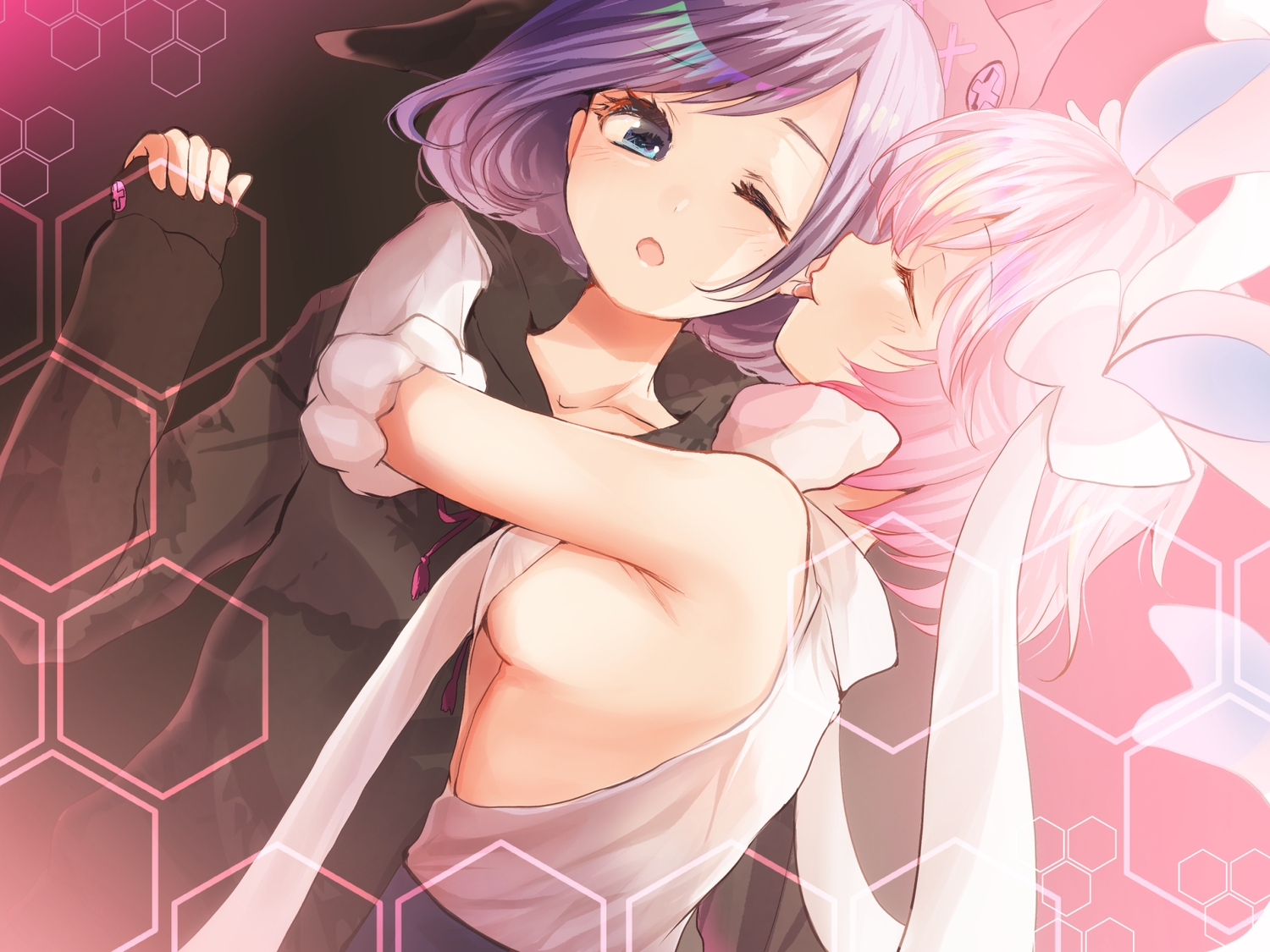 2girls, animal_ears, breasts, hug, no_bra, oka_(umanihiki), original, pink_hair, purple_hair, short_hair, shoujo_ai, sideboob, wink
