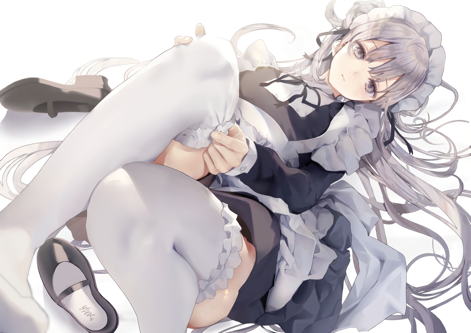 gray_eyes, gray_hair, headdress, long_hair, maid, opopowa, original, polychromatic