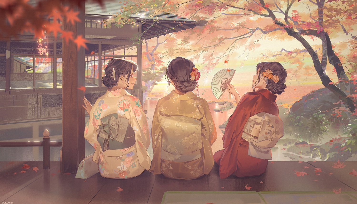 autumn, brown_hair, building, fan, japanese_clothes, kimono, leaves, original, saintluthien, scenic, tree, water, watermark