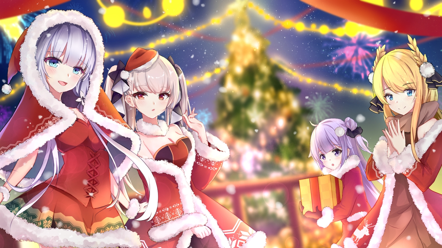 amagi_jiang, anthropomorphism, aqua_eyes, azur_lane, blonde_hair, blue_eyes, cape, christmas, fireworks, formidable_(azur_lane), gloves, gray_hair, group, hat, hood, illustrious_(azur_lane), long_hair, orange_eyes, purple_eyes, purple_hair, santa_costume, santa_hat, sky, tree, twintails, unicorn_(azur_lane), victorious_(azur_lane)