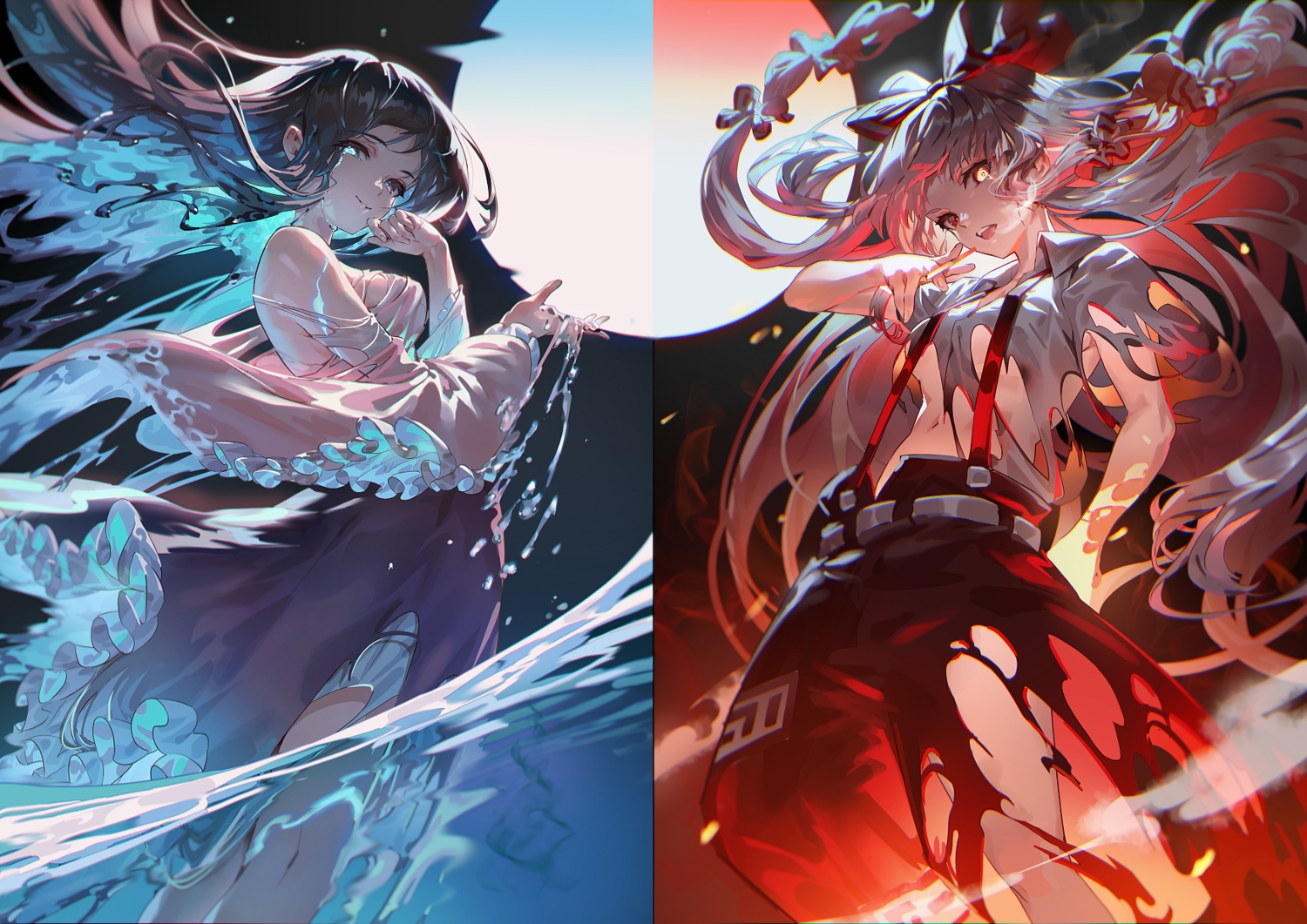 2girls, aliasing, fire, fujiwara_no_mokou, houraisan_kaguya, magic, torn_clothes, touhou