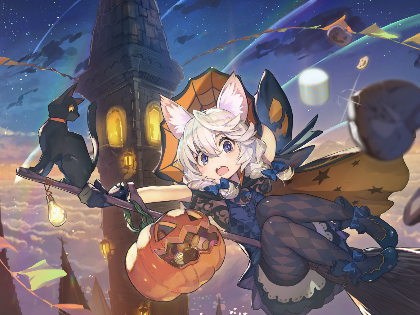 animal, animal_ears, braids, building, candy, cat, dress, gray_hair
