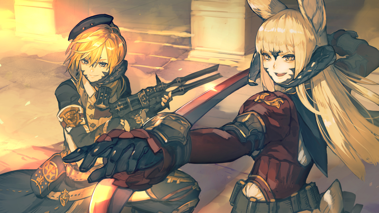 2girls, animal_ears, au_ra, blonde_hair, bunny_ears, final_fantasy, final_fantasy_xiv, gloves