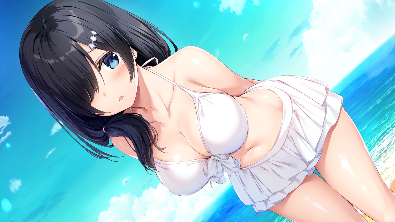 aibeya, azarashi_soft, beach, bikini, black_hair, blue_eyes, clouds, game_cg, long_hair, misora_saku, navel, oryou, ponytail, skirt, sky, swimsuit, water