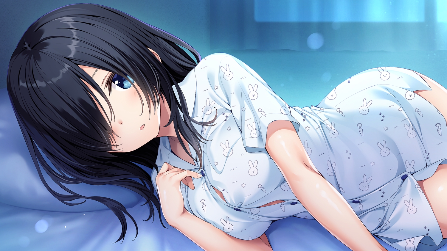 aibeya, azarashi_soft, bed, black_hair, blue_eyes, game_cg, long_hair, misora_saku