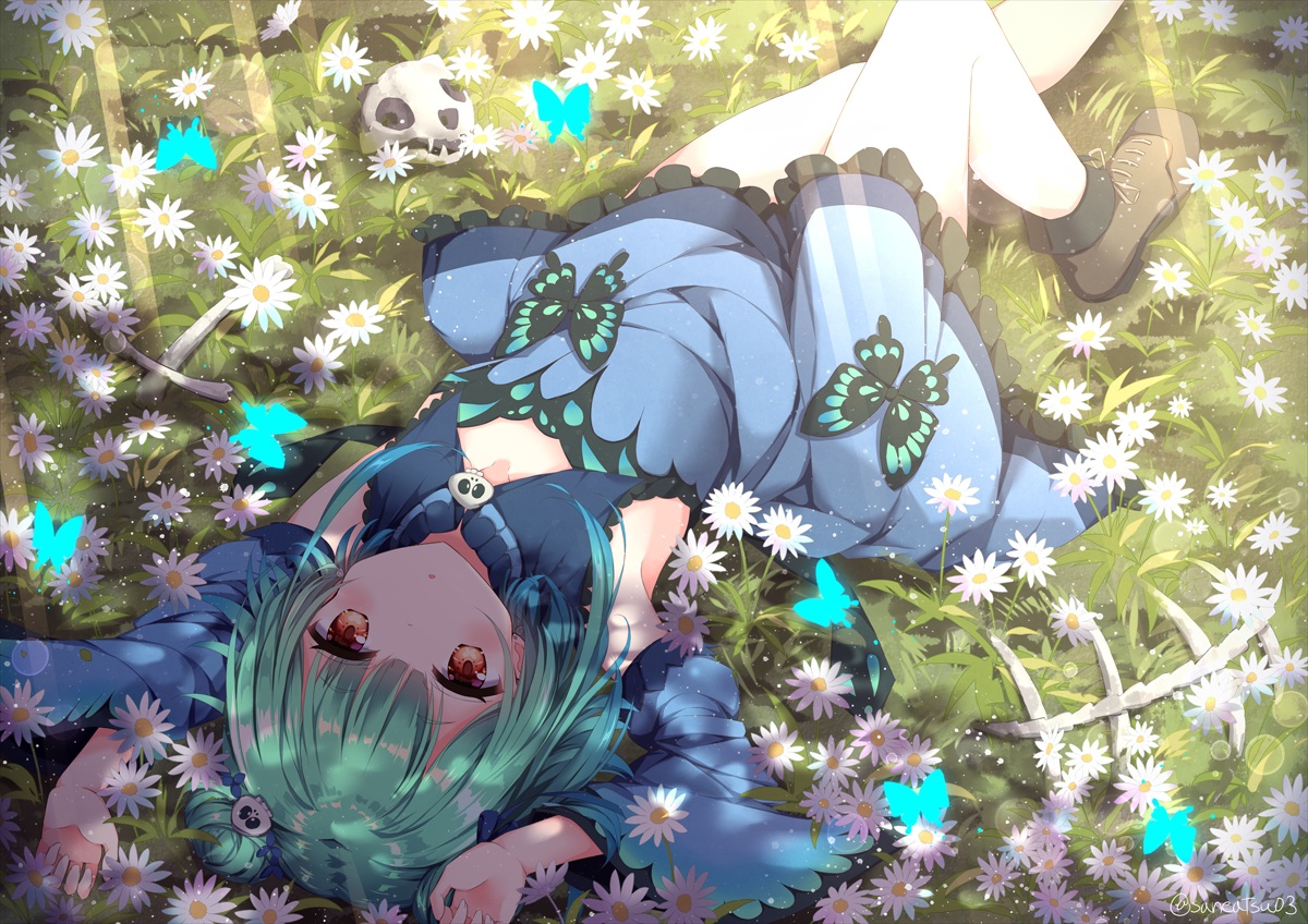 blush, brown_eyes, butterfly, dress, flat_chest, flowers, grass, green_hair