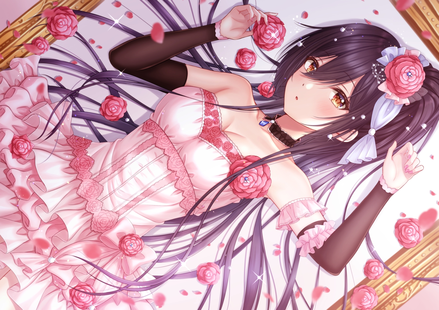 breasts, brown_eyes, cleavage, dress, flowers, hiiragi_kei, idolmaster, idolmaster_shiny_colors