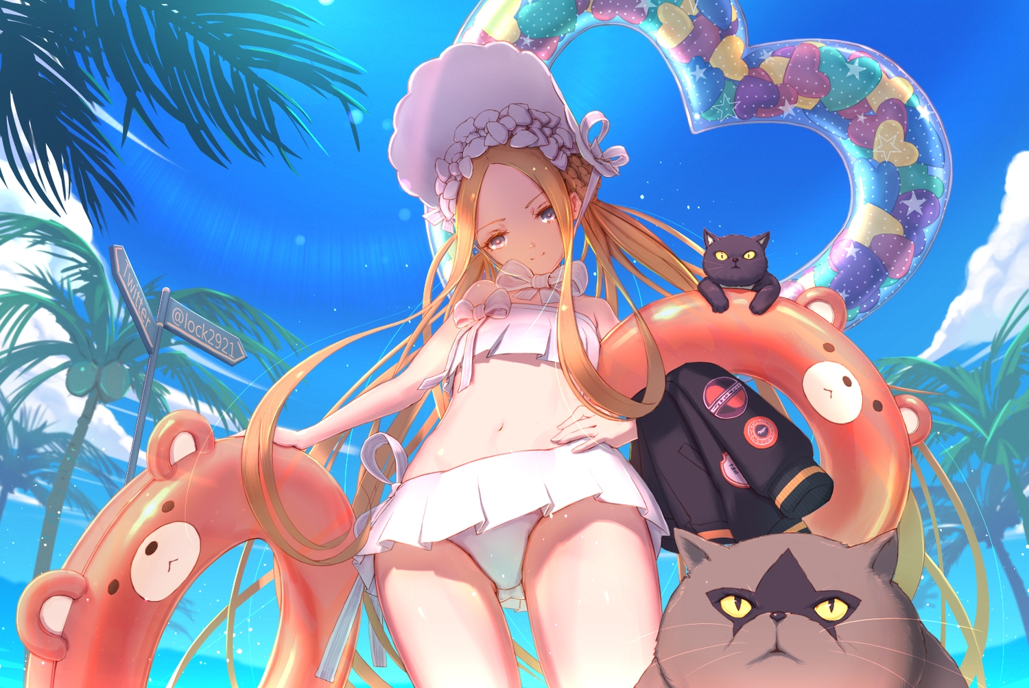 abigail_williams_(fate/grand_order), animal, bikini, blonde_hair, cat, clouds, fate/grand_order, fate_(series)